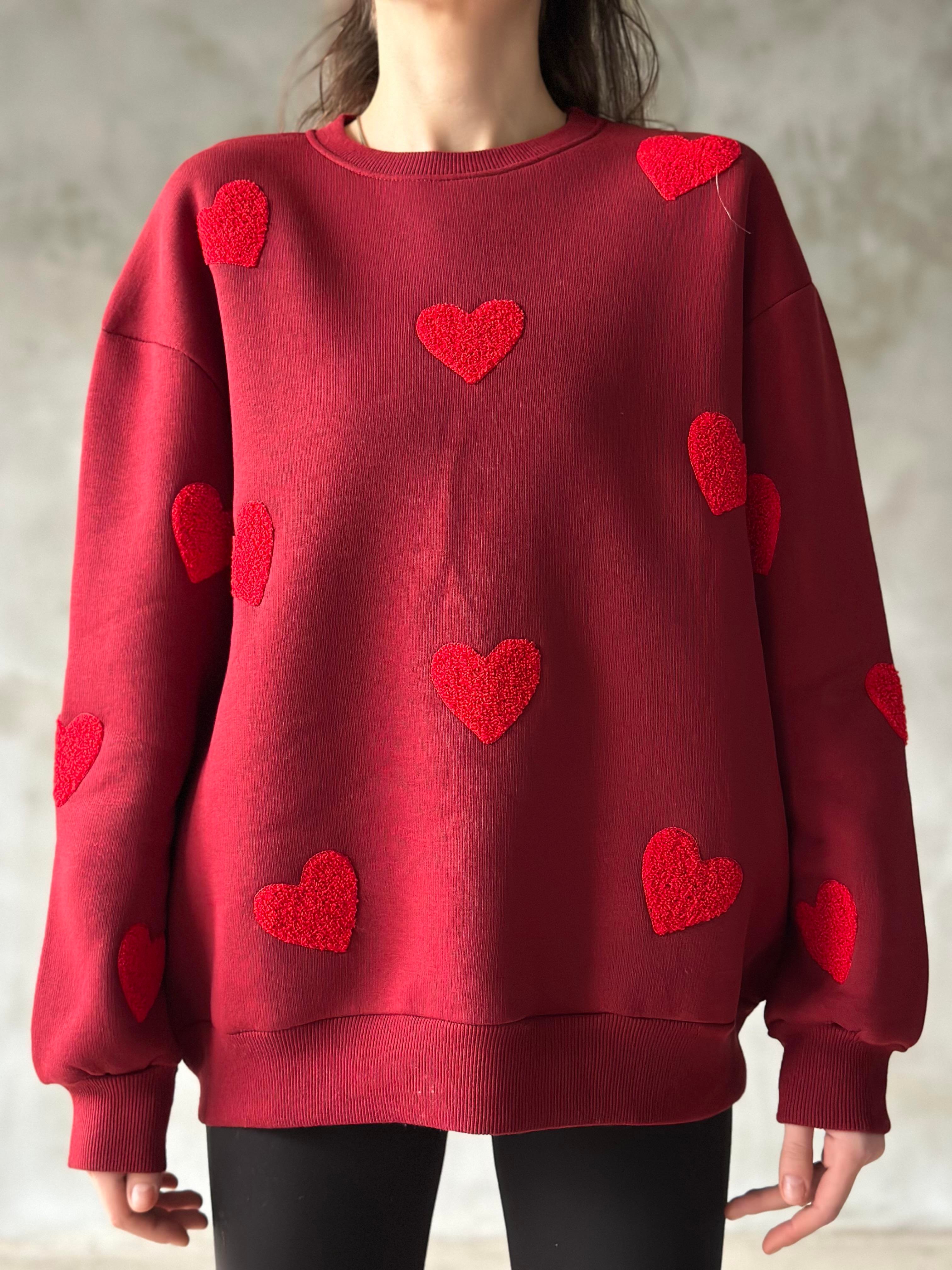 Love Kalp Nakışlı Sweatshirt - Bordo - Dominatrend