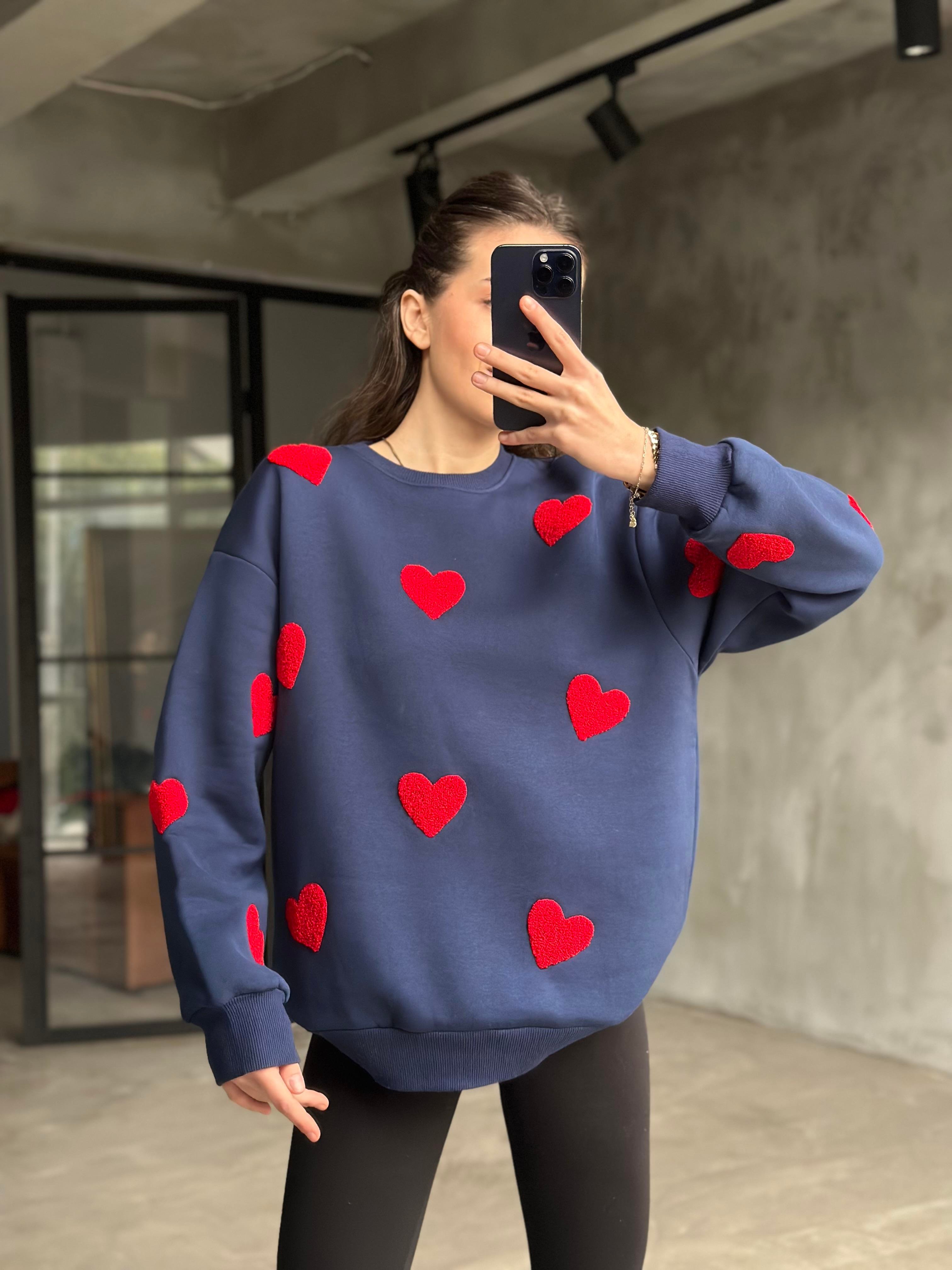 Love Kalp Nakışlı Sweatshirt - Lacivert - Dominatrend