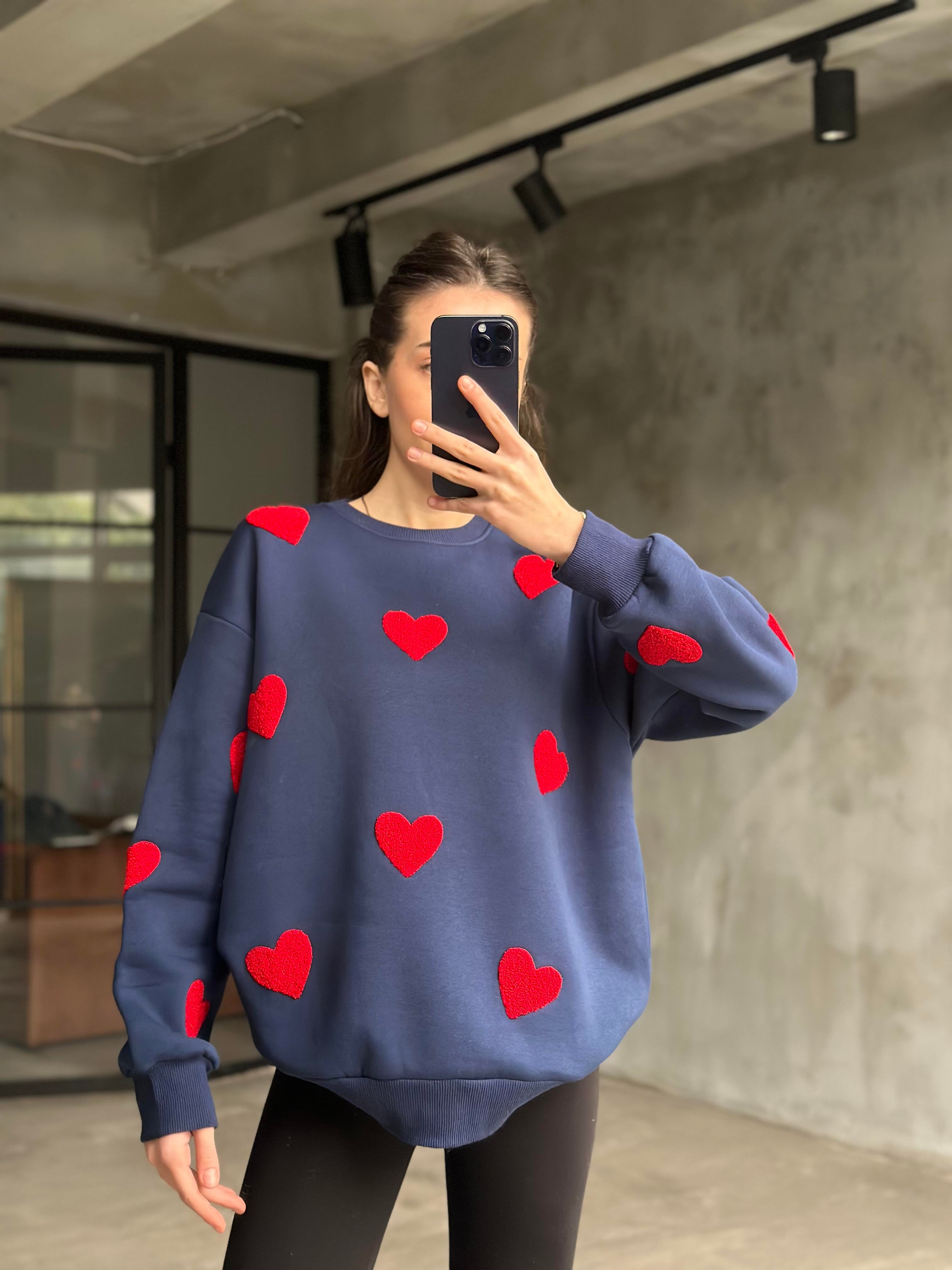 Love Kalp Nakışlı Sweatshirt - Lacivert - Dominatrend