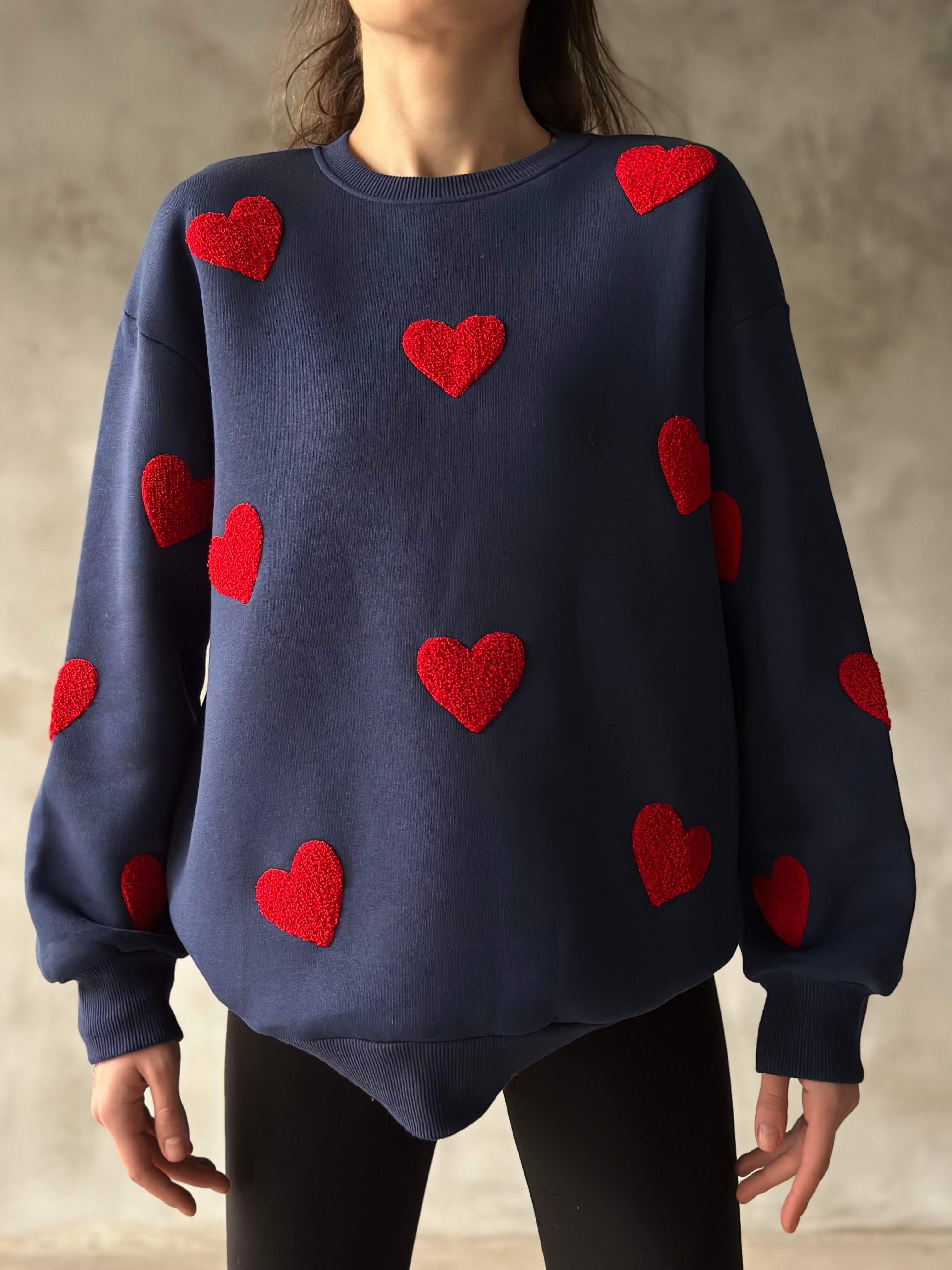 Love Kalp Nakışlı Sweatshirt - Lacivert - Dominatrend