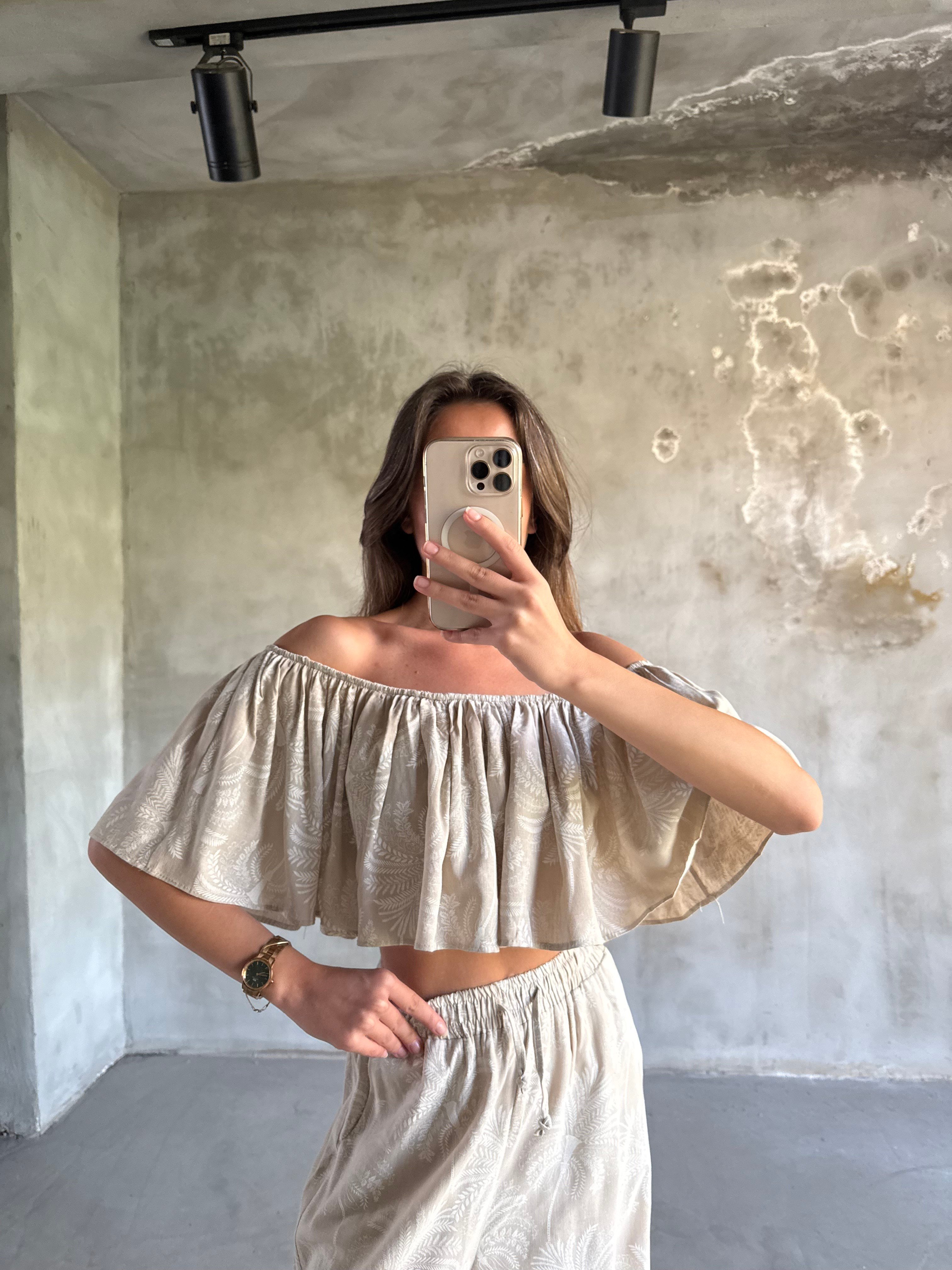 Madonna Yaka Desenli Keten Takım - Krem - Dominatrend