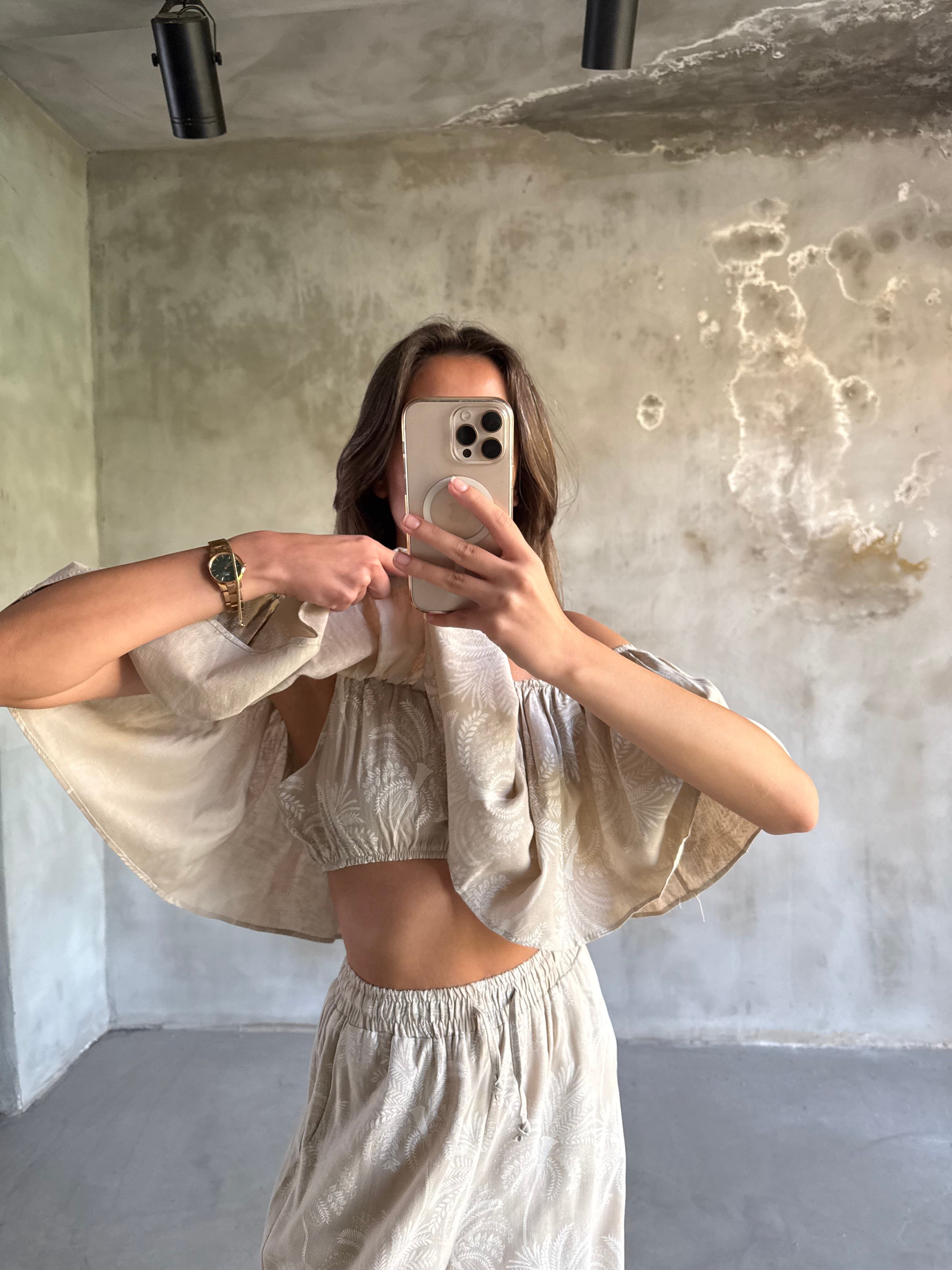 Madonna Yaka Desenli Keten Takım - Krem - Dominatrend