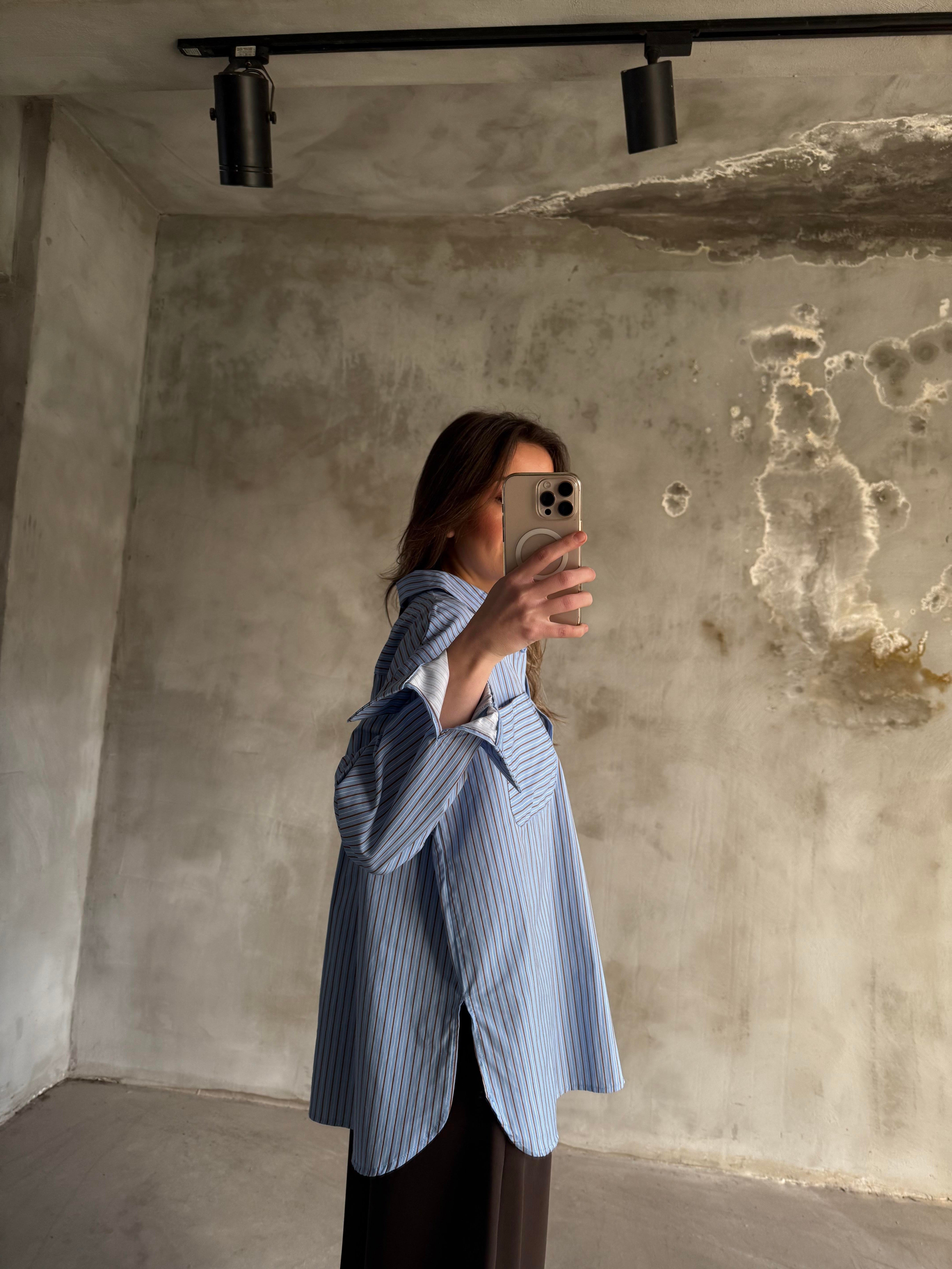 Mavi Kahve Çizgili Oversize Gömlek - Dominatrend