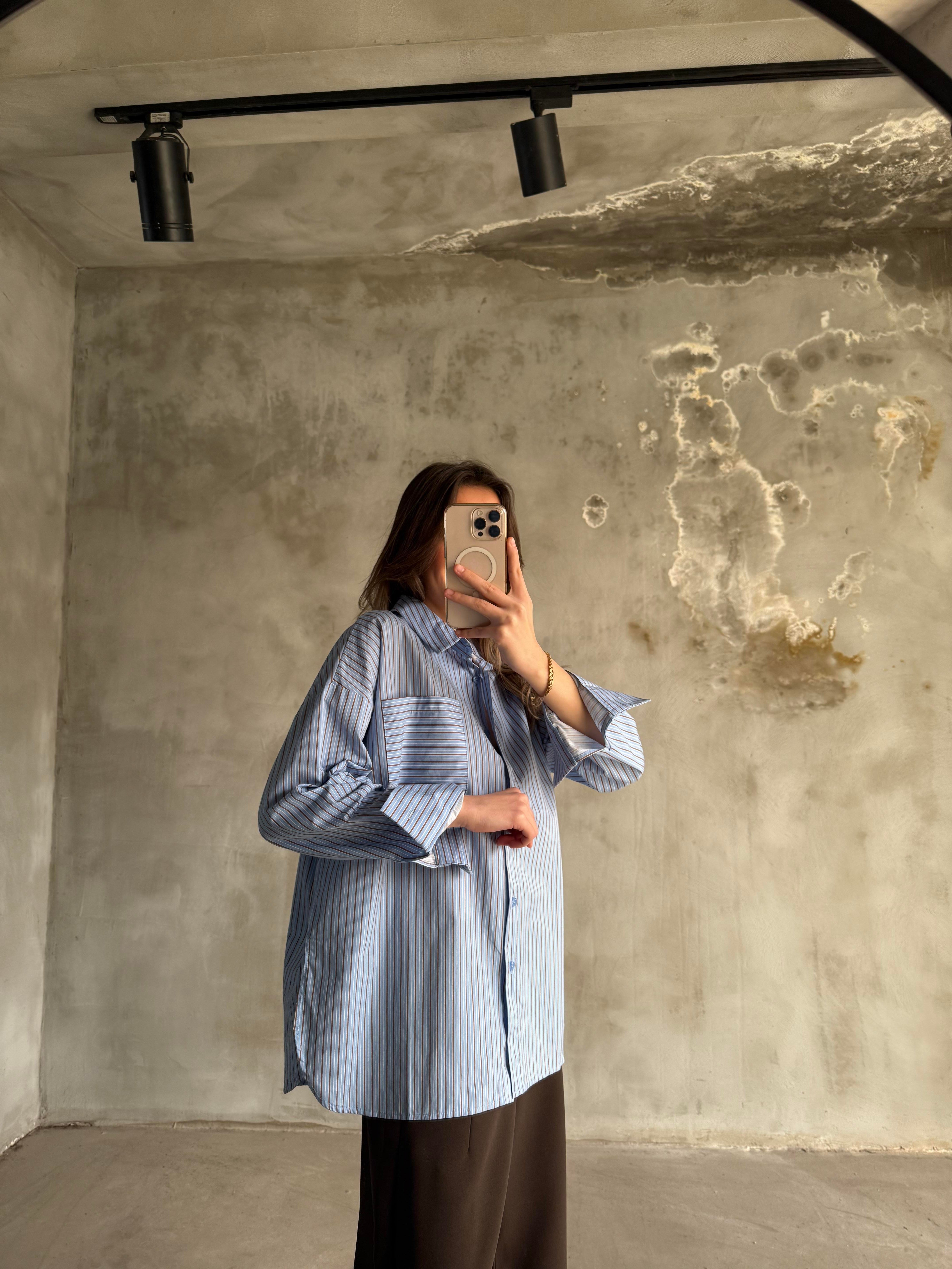 Mavi Kahve Çizgili Oversize Gömlek - Dominatrend