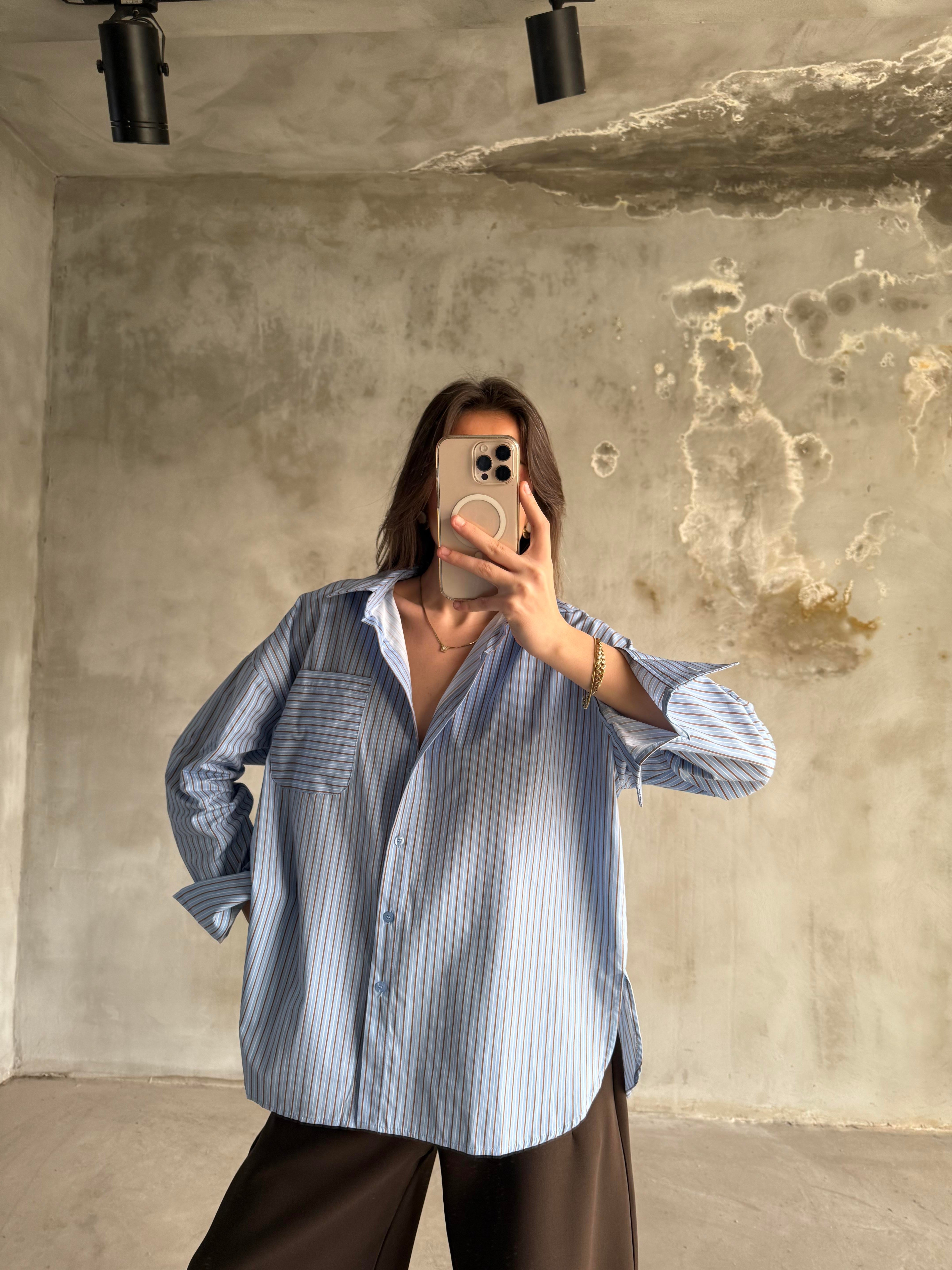 Mavi Kahve Çizgili Oversize Gömlek - Dominatrend