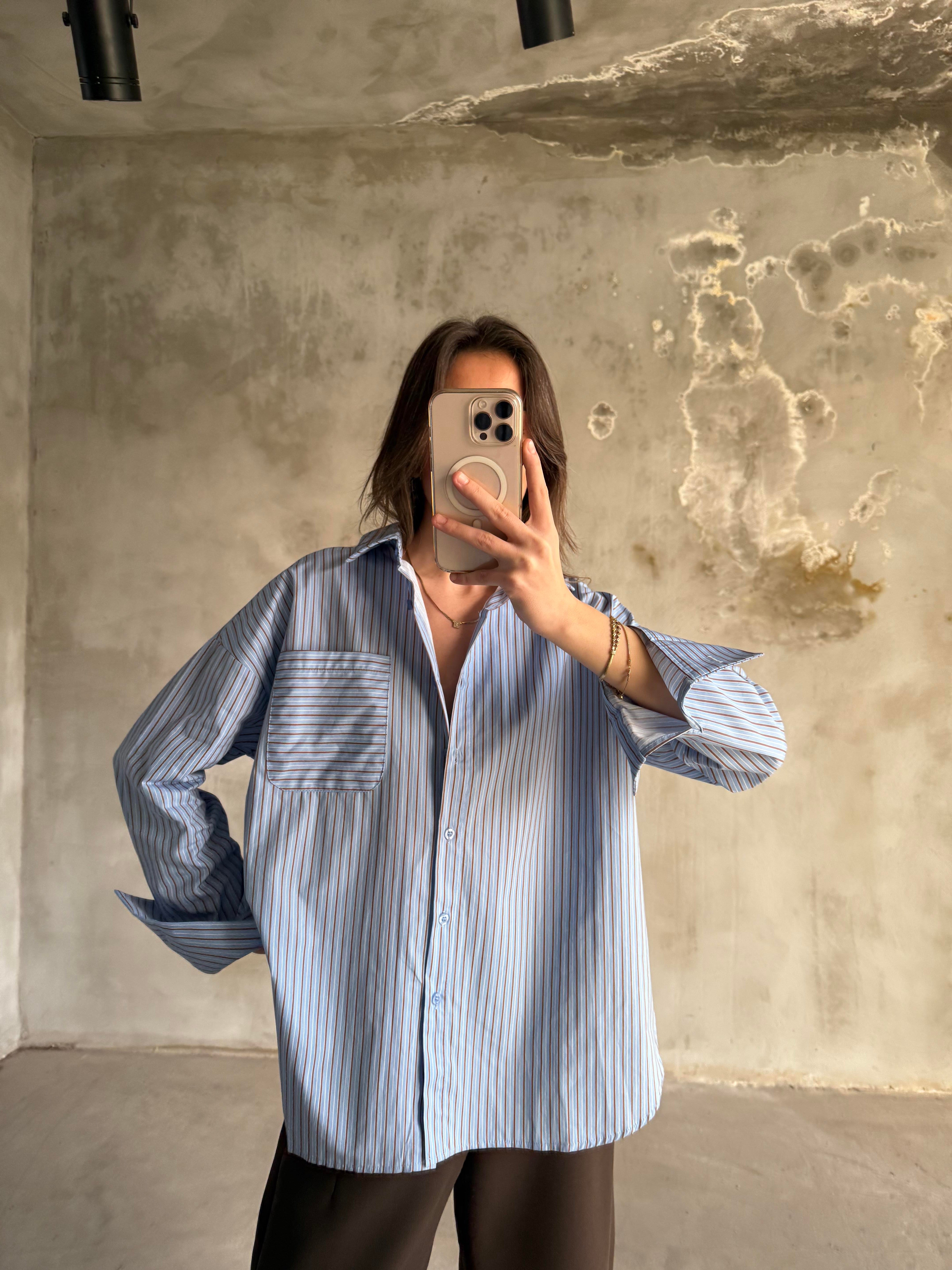 Mavi Kahve Çizgili Oversize Gömlek - Dominatrend
