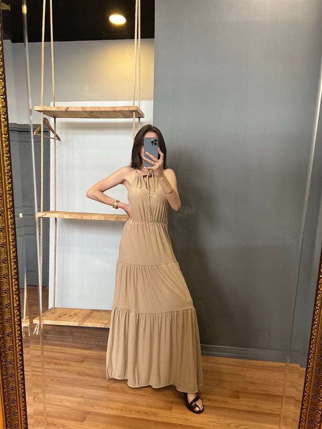 Maxi Boy Boncuklu Elbise - Haki - Dominatrend