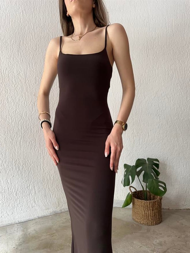 Maxi Boy Dar Elbise Kahverengi - Dominatrend