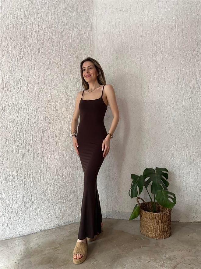 Maxi Boy Dar Elbise Kahverengi - Dominatrend