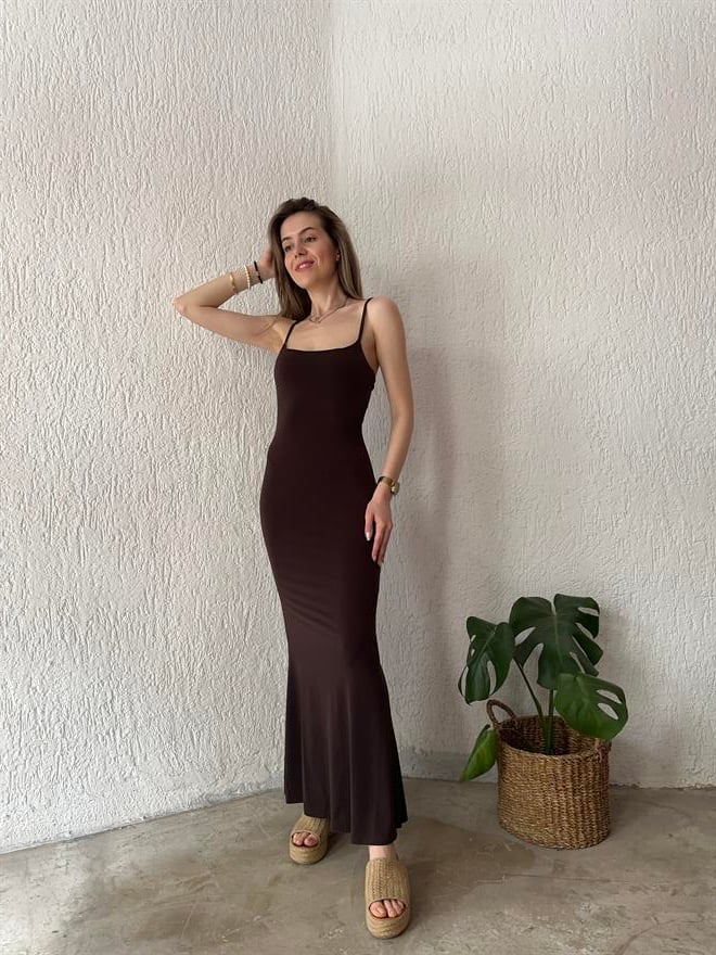 Maxi Boy Dar Elbise Kahverengi - Dominatrend