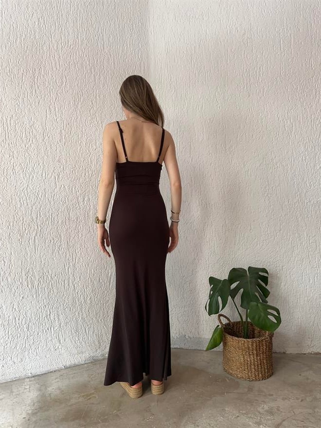Maxi Boy Dar Elbise Kahverengi - Dominatrend