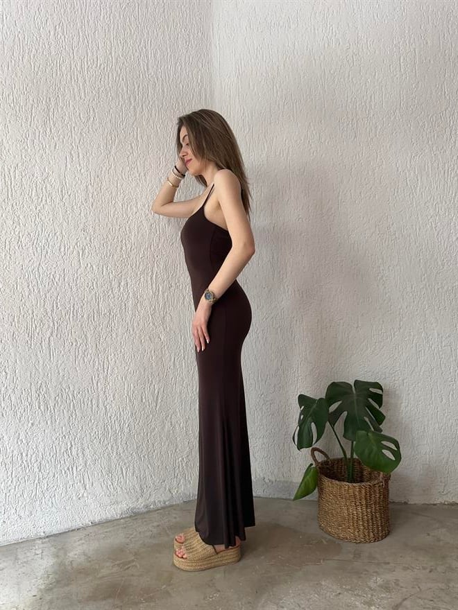 Maxi Boy Dar Elbise Kahverengi - Dominatrend