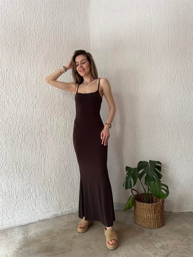 Maxi Boy Dar Elbise Kahverengi - Dominatrend