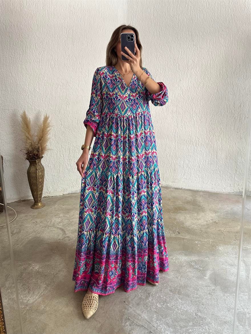 Maxi Desenli Pamuklu Elbise - Pembe - Dominatrend