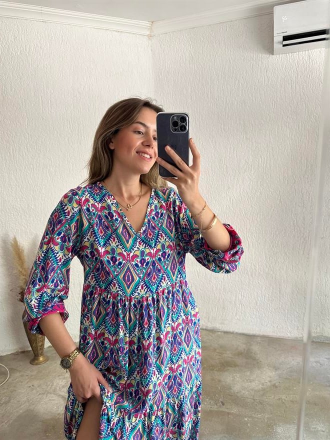 Maxi Desenli Pamuklu Elbise - Pembe - Dominatrend