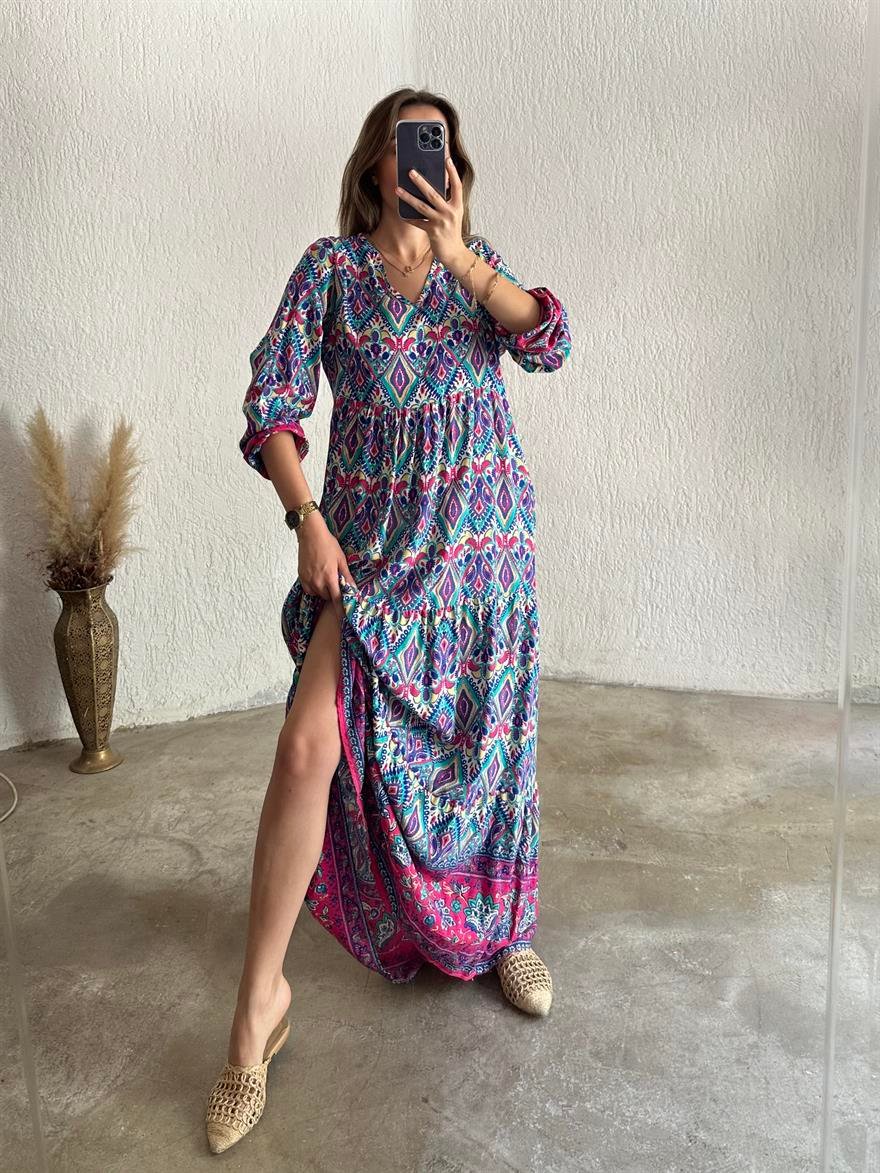 Maxi Desenli Pamuklu Elbise - Pembe - Dominatrend
