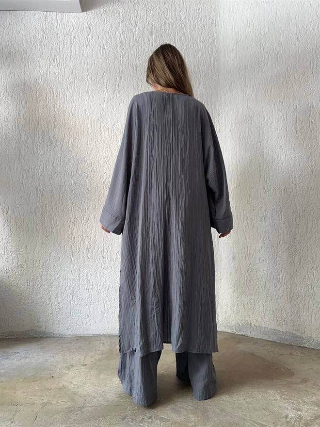 Maxi Kimono Gofre Takım - Gri - Dominatrend