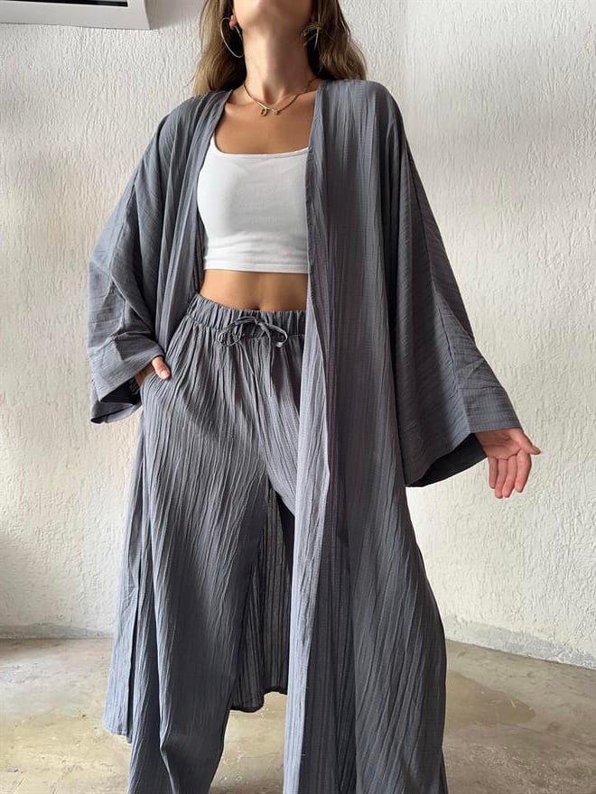 Maxi Kimono Gofre Takım - Gri - Dominatrend