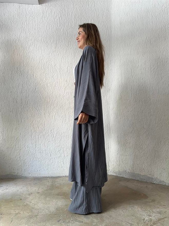 Maxi Kimono Gofre Takım - Gri - Dominatrend