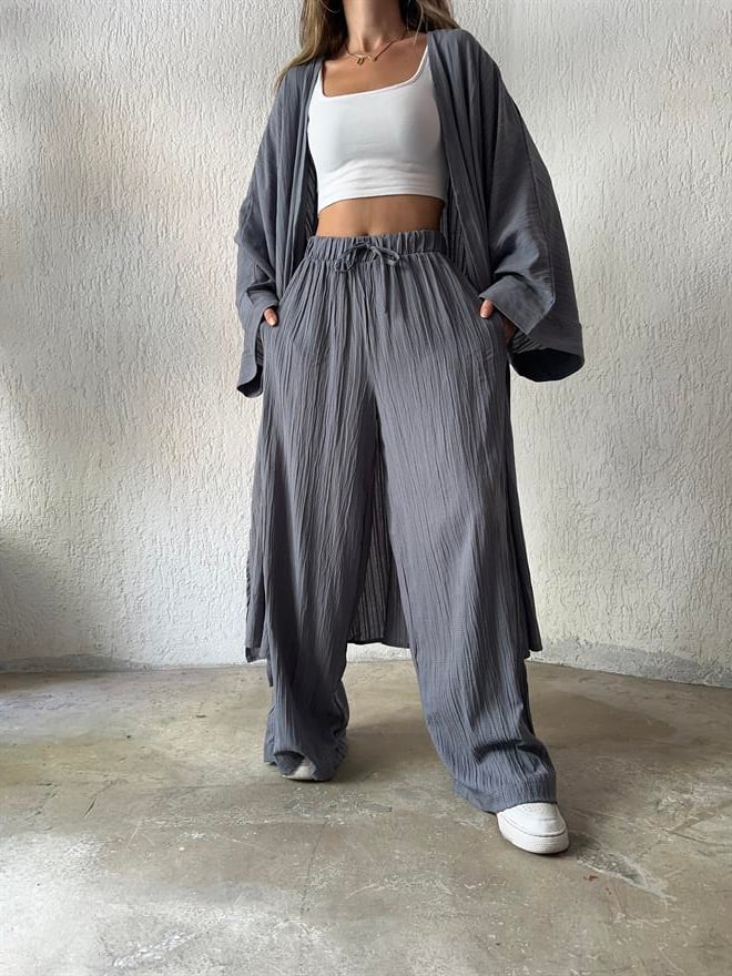 Maxi Kimono Gofre Takım - Gri - Dominatrend