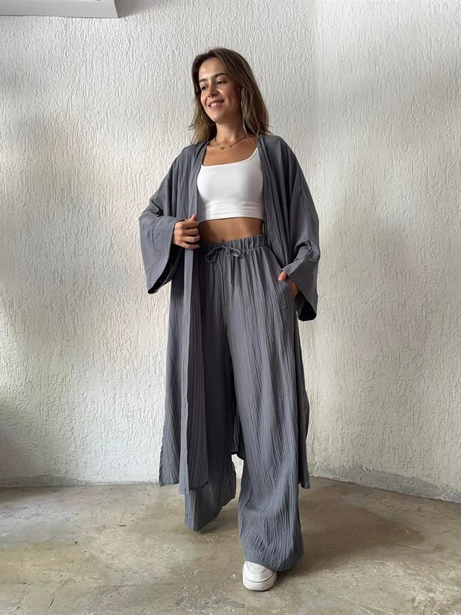 Maxi Kimono Gofre Takım - Gri - Dominatrend