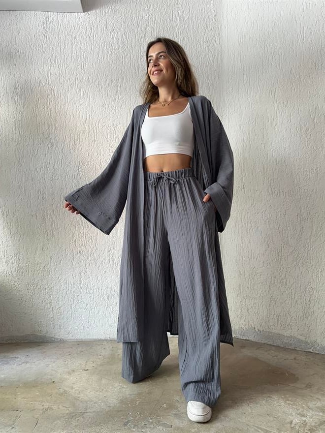 Maxi Kimono Gofre Takım - Gri - Dominatrend