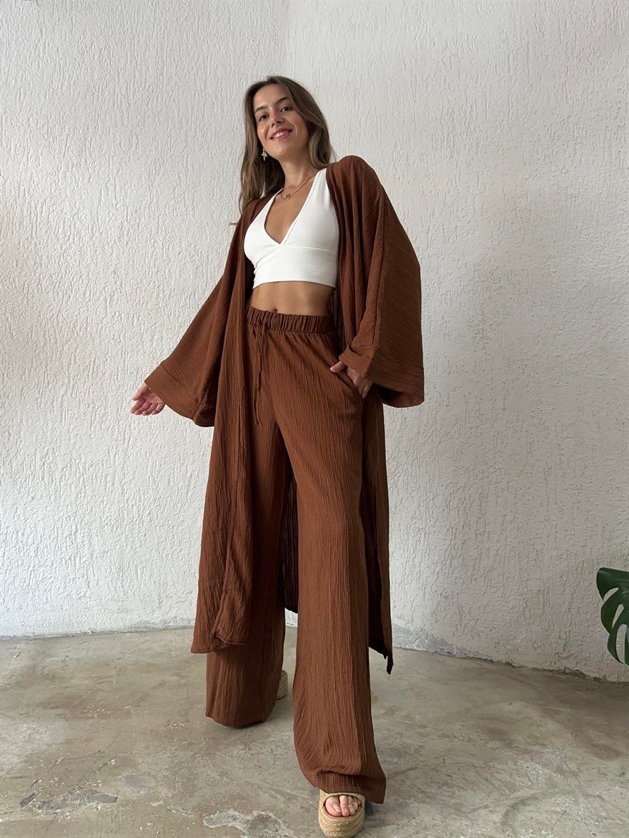 Maxi Kimono Gofre Takım - Kahverengi - Dominatrend