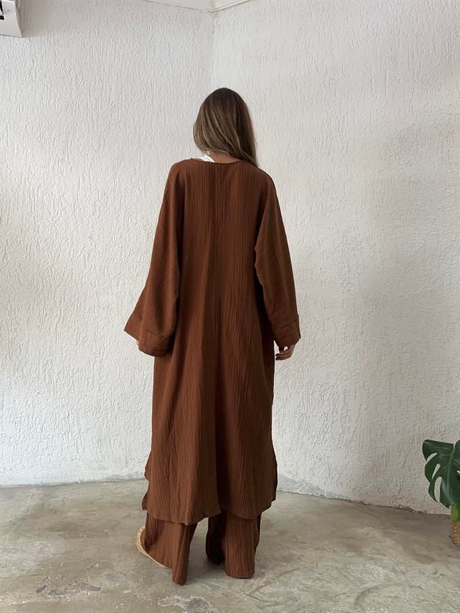 Maxi Kimono Gofre Takım - Kahverengi - Dominatrend