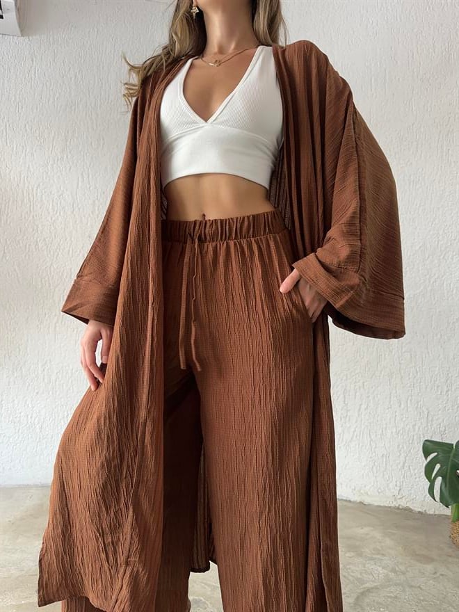Maxi Kimono Gofre Takım - Kahverengi - Dominatrend