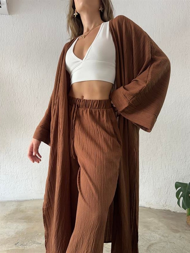 Maxi Kimono Gofre Takım - Kahverengi - Dominatrend