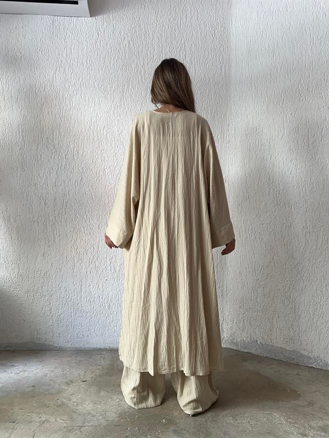Maxi Kimono Gofre Takım - Krem - Dominatrend