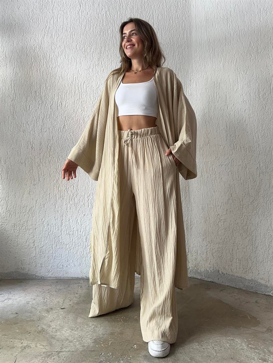 Maxi Kimono Gofre Takım - Krem - Dominatrend