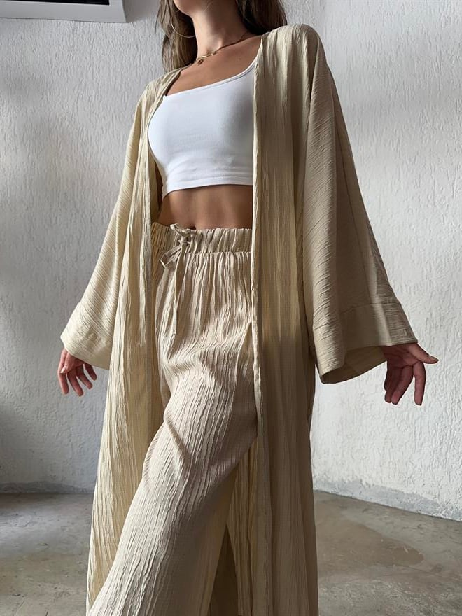 Maxi Kimono Gofre Takım - Krem - Dominatrend