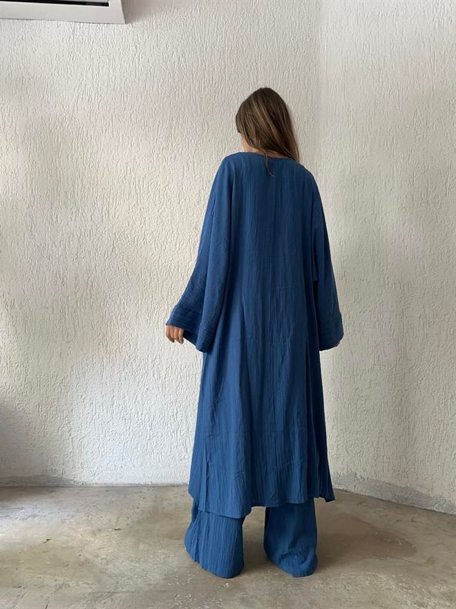 Maxi Kimono Gofre Takım  - Lacivert - Dominatrend