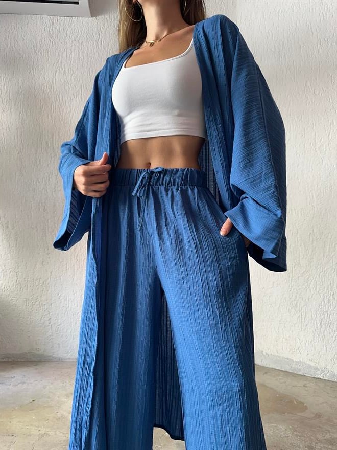 Maxi Kimono Gofre Takım  - Lacivert - Dominatrend