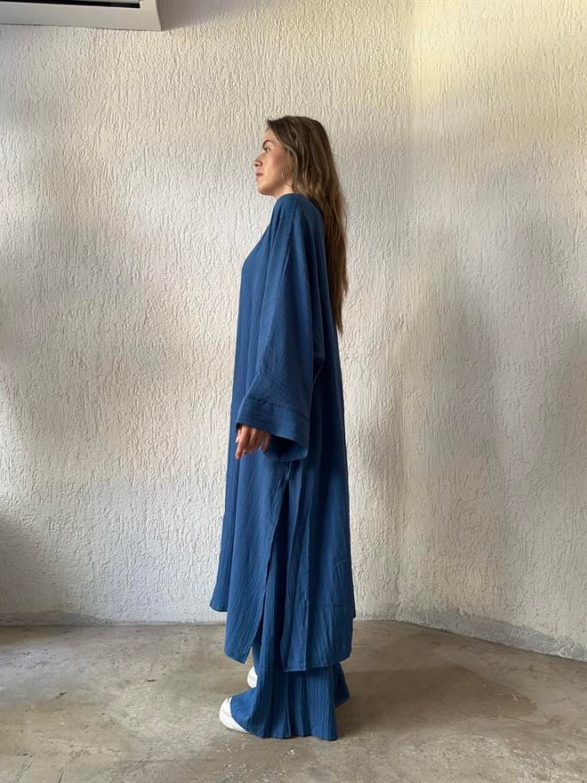 Maxi Kimono Gofre Takım  - Lacivert - Dominatrend