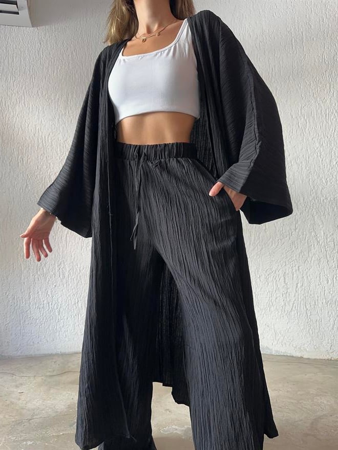 Maxi Kimono Gofre Takım - Siyah - Dominatrend
