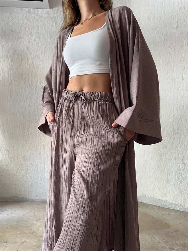 Maxi Kimono Gofre Takım - Vizon - Dominatrend