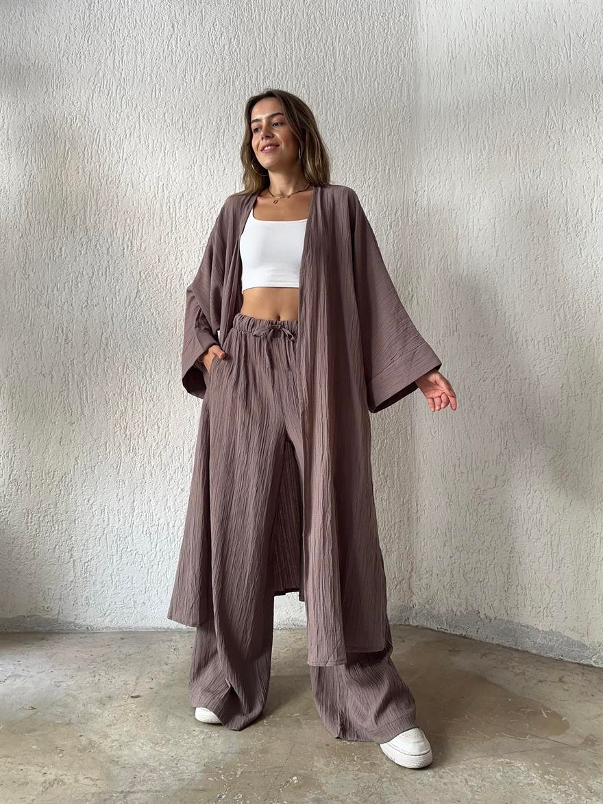 Maxi Kimono Gofre Takım - Vizon - Dominatrend