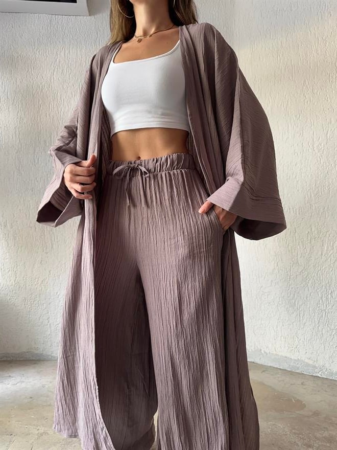 Maxi Kimono Gofre Takım - Vizon - Dominatrend