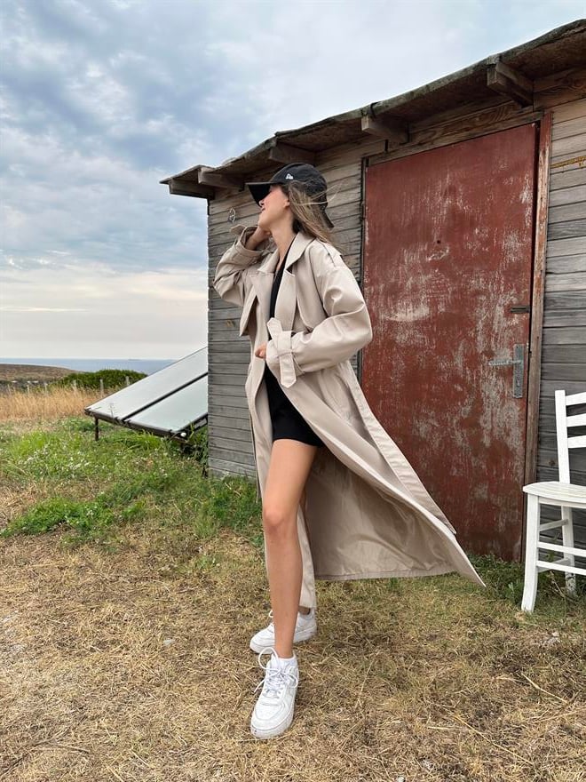 Maxi Kuşaklı Premium Trençkot - Bej - Dominatrend