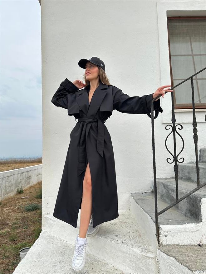 Maxi Kuşaklı Premium Trençkot - Siyah - Dominatrend
