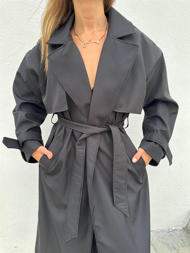 Maxi Kuşaklı Premium Trençkot - Siyah - Dominatrend