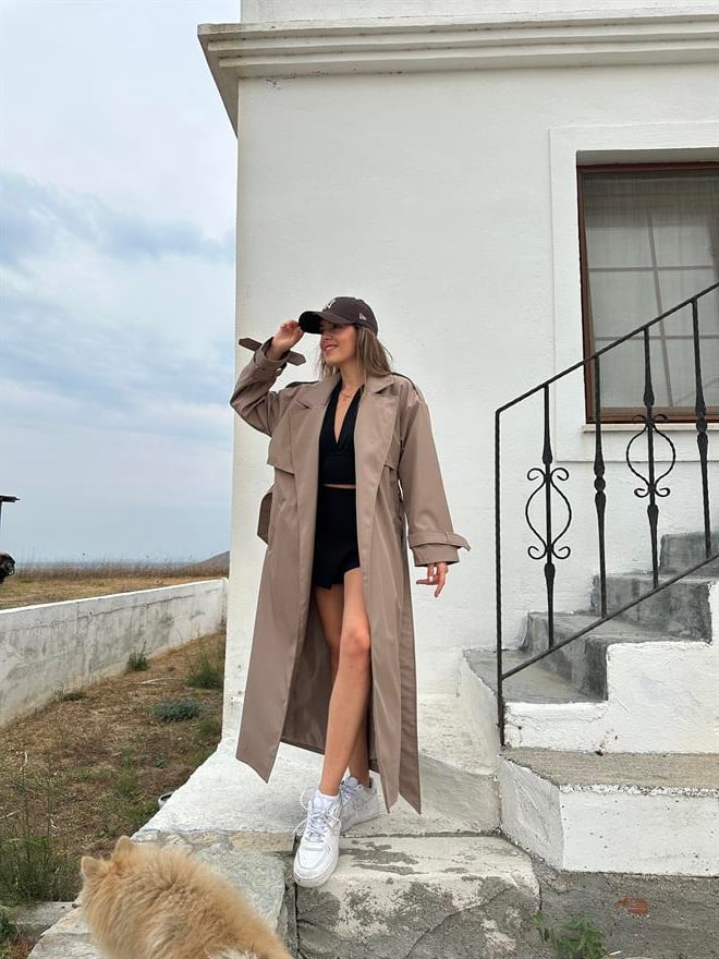 Maxi Kuşaklı Premium Trençkot -Vizon - Dominatrend