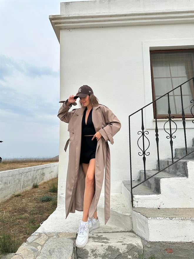Maxi Kuşaklı Premium Trençkot -Vizon - Dominatrend