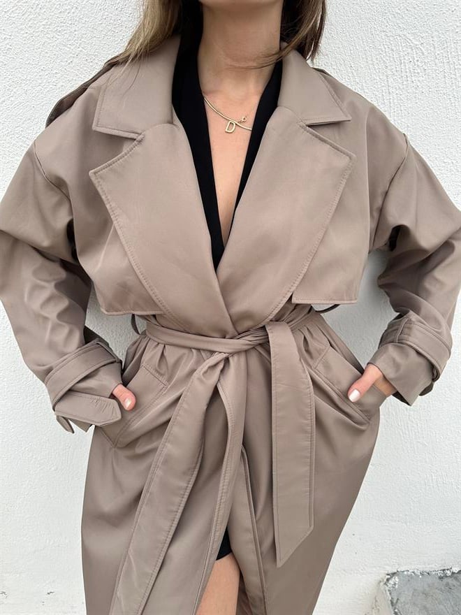 Maxi Kuşaklı Premium Trençkot -Vizon - Dominatrend