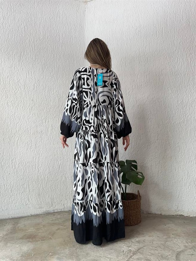 Maxi Pamuklu Desenli Elbise - Siyah - Dominatrend