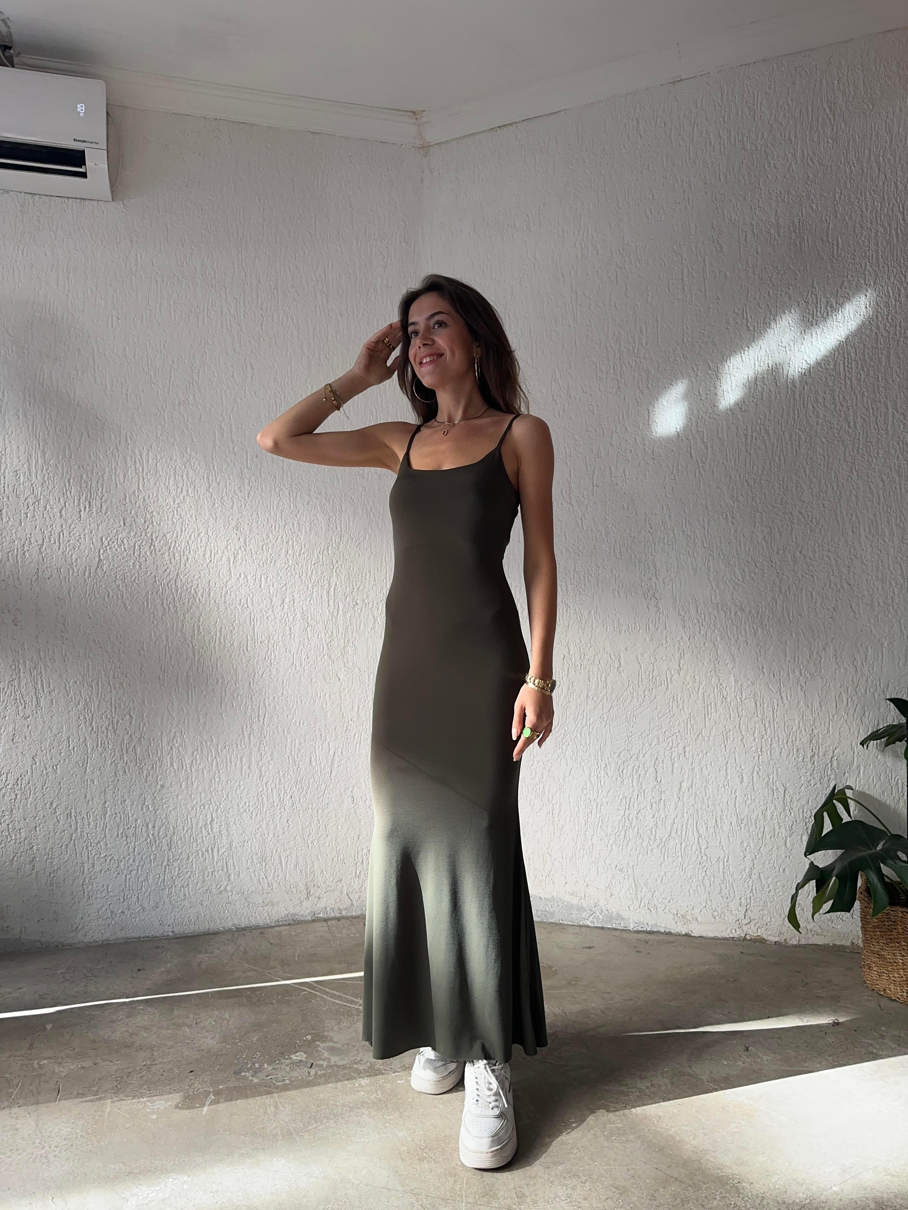 Maxi Slim Fit Elbise - Haki - Dominatrend