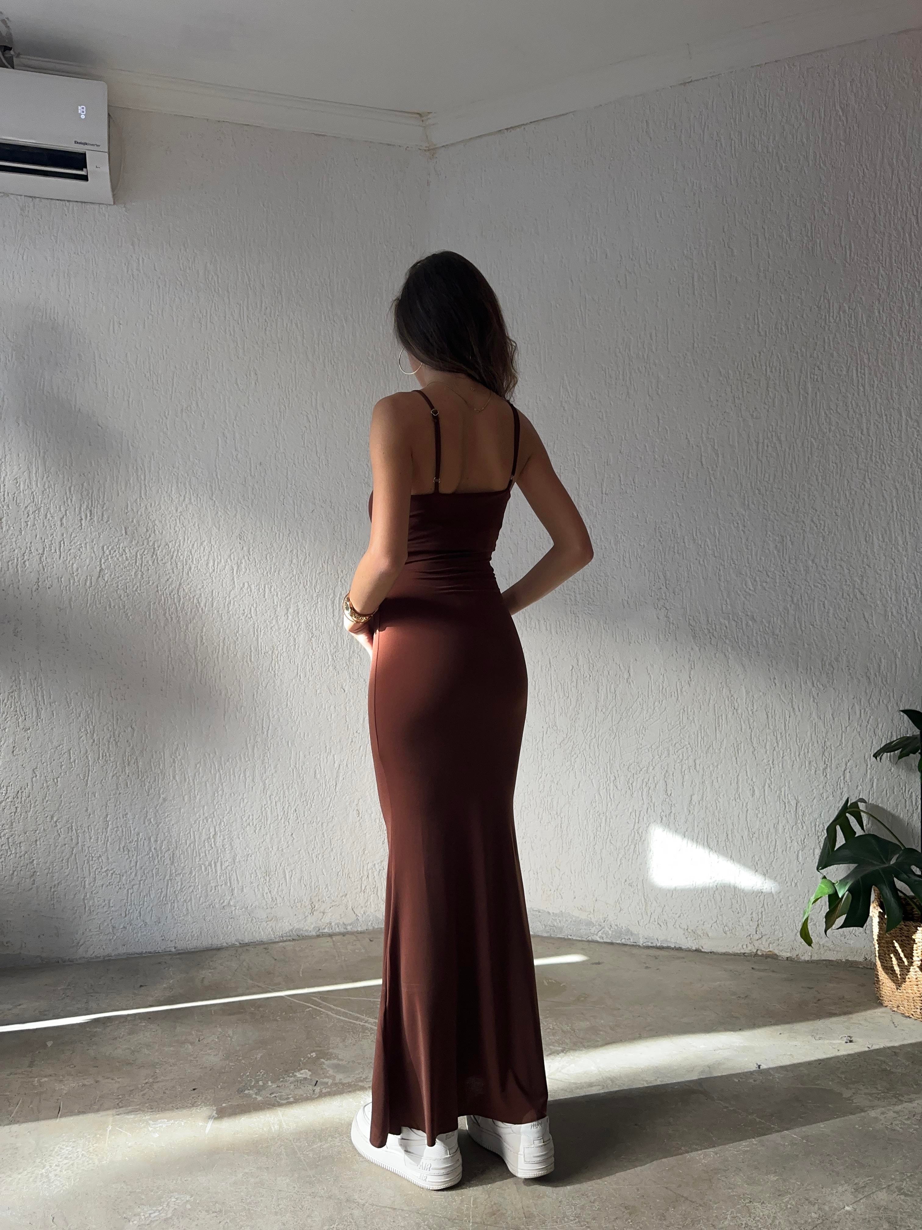 Maxi Slim Fit Elbise - Kahverengi - Dominatrend