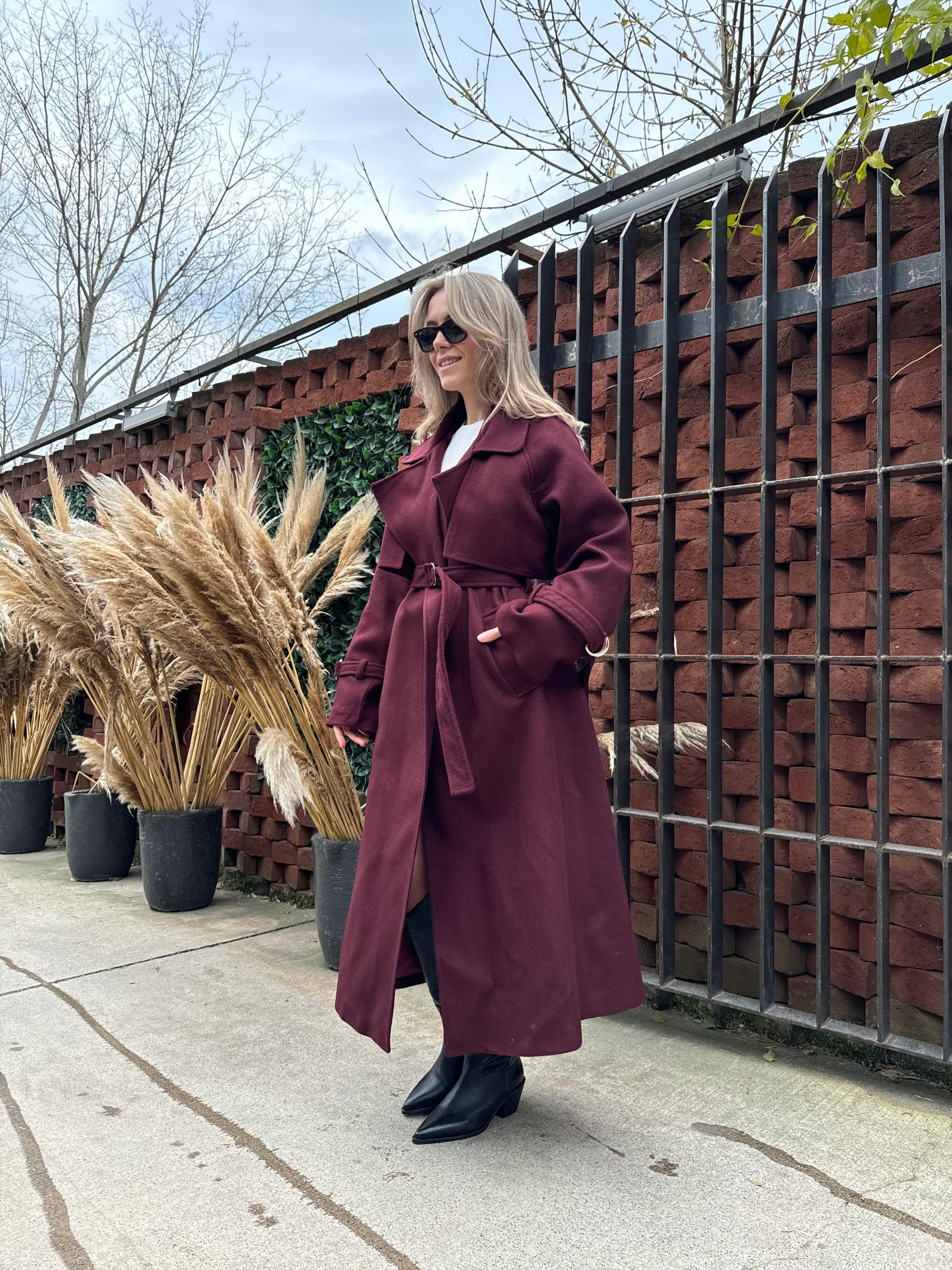 Metal Detay Oversize Maxi Boy Kuşaklı Kaşe Kaban - Bordo - Dominatrend